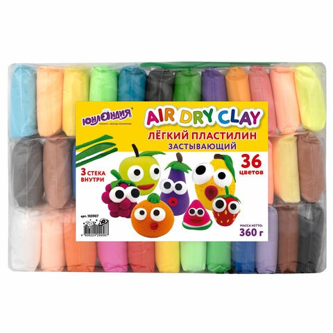 Пластилин супер легкий воздушный застывающий 36 цветов, 360 г, 3 стека, ЮНЛАНДИЯ, 105907 105907