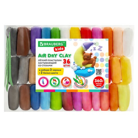 Пластилин супер лёгкий воздушный застывающий 36 шт. (32 цвета + 2 белых + 2 черных) 360 г, 3 стека, BRAUBERG KIDS, 106309 106309