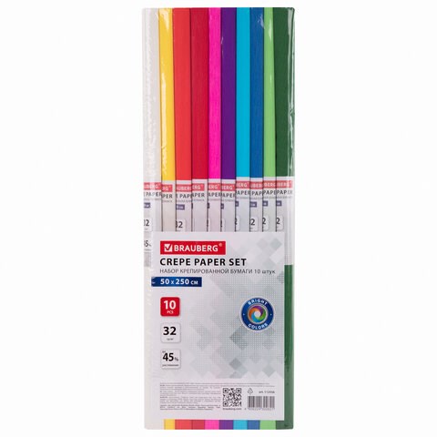 Бумага гофрированная/креповая, 32 г/м2, 50х250 см, 10 рулонов, яркие цвета, BRAUBERG, 112556 112556