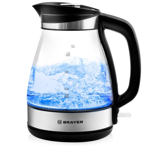 Чайник BRAYER BR1048, 1,7л, 2200 Вт, закрытый нагревательный элемент, стекло, черный 456594