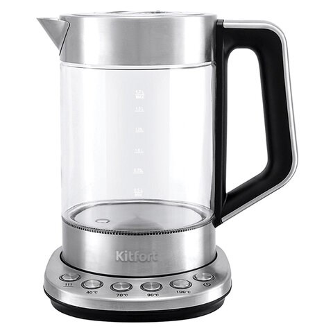 Чайник KITFORT КТ-622, 1,7 л, 2200 Вт, закрытый нагревательный элемент, ТЕРМОРЕГУЛЯТОР, заварник, стекло, серебро 456009