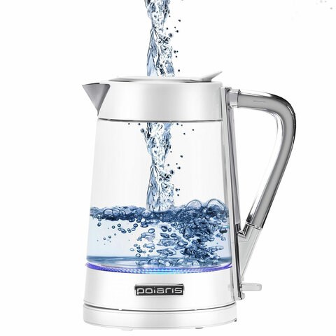 Чайник POLARIS PWK 1715 CGL, 1,7 л, 1850-2200 Вт, закрытый нагревательный элемент, стекло, белый, 54125, PWK 1715 CGL w 456760