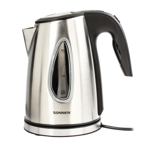 Чайник SONNEN KT-1721, 1,7 л, 2200 Вт, закрытый нагревательный элемент, нержавеющая сталь, черный, подсветка, 454347 454347