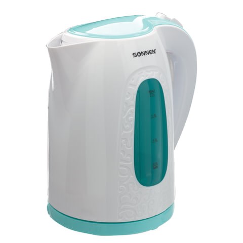 Чайник SONNEN KT-2016, 2 л, 2200 Вт, закрытый нагревательный элемент, пластик, белый/голубой, 453417 453417