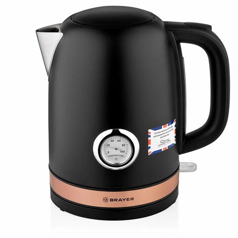 Чайник с термометром BRAYER BR1005BK, 1,7 л, 2200 Вт, закрытый нагревательный элемент, сталь, черный 456044