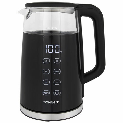 Чайник с терморегулятором и дисплеем, ДВОЙНЫЕ СТЕНКИ, SONNEN KT-8717, 1,7 л, 2200 Вт, черный, 454687 454687