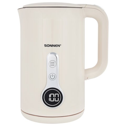Чайник с терморегулятором и дисплеем, ДВОЙНЫЕ СТЕНКИ, SONNEN KT-8721, 1,7 л, 2200 Вт, бежевый, 454688 454688