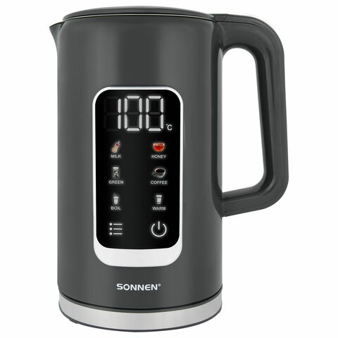 Чайник с терморегулятором и дисплеем, ДВОЙНЫЕ СТЕНКИ, SONNEN KT-8723G, 1,7 л, 2200 Вт, серый, 454690 454690