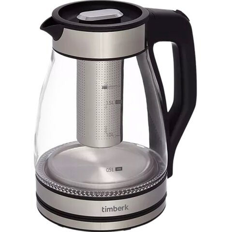 Чайник со съемным заварником TIMBERK T-EK27G02, 1,5 л, 1800 Вт, закрытый нагревательный элемент, стекло, стальной 457221