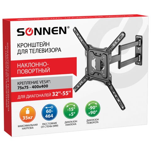 Кронштейн-крепление для ТВ настенный, до 35 кг. VESA 75х75-400х400, 32"-55", черный, SONNEN, 455946 455946