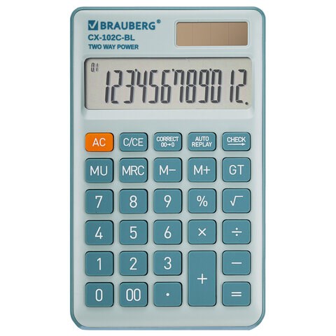 Калькулятор карманный BRAUBERG CX-102C-BL (76x126 мм), 12 разрядов, двойное питание, ГОЛУБОЙ, 272649 272649