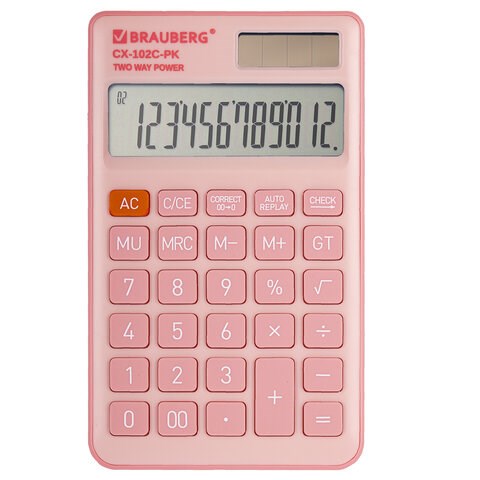 Калькулятор карманный BRAUBERG CX-102C-PK (76x126 мм), 12 разрядов, двойное питание, РОЗОВЫЙ, 272650 272650
