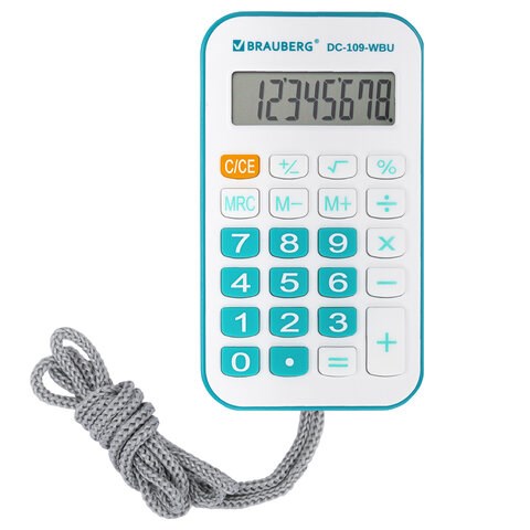 Калькулятор карманный со шнурком BRAUBERG DC-109-WBU (61x110 мм), 8 разрядов, БЕЛЫЙ/ГОЛУБОЙ, 272645 272645