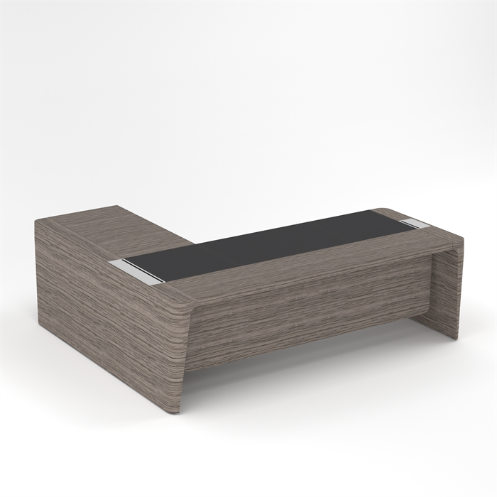 Стол для руководителя правый с кожаным бюваром, приставкой на большой тумбе и фронтальной панелью 210509