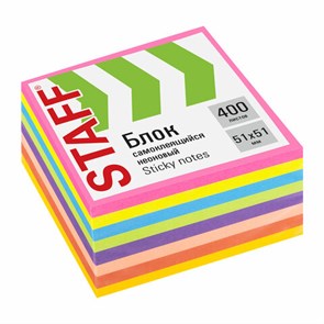 {{photo.Alt || photo.Description || 'Блок самоклеящийся (стикеры), компактные, STAFF НЕОНОВЫЙ, 51х51 мм, 400 листов, 8 цветов, 115583'}}