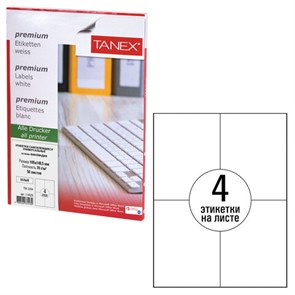 {{photo.Alt || photo.Description || 'Этикетка самоклеящаяся 105х148,5 мм, 4 этикетки, белая, 70 г/м2, 50 листов, TANEX, сырье Финляндия, 114529, TW-2204'}}