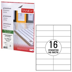 {{photo.Alt || photo.Description || 'Этикетка самоклеящаяся 105х37,1 мм, 16 этикеток, белая 70 г/м2, 50 листов, TANEX, сырье Финляндия, 114534, TW-2105'}}