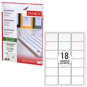 {{photo.Alt || photo.Description || 'Этикетка самоклеящаяся 67х46 мм, 18 этикеток, белая, 70 г/м2, 50 листов, TANEX, сырье Финляндия, 114535, TW-2067'}}