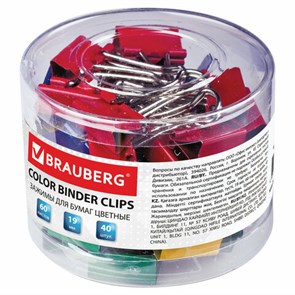 {{photo.Alt || photo.Description || 'Зажимы для бумаг BRAUBERG, КОМПЛЕКТ 40 шт., 19 мм, на 60 листов, цветные, в пластиковом цилиндре, 221127'}}