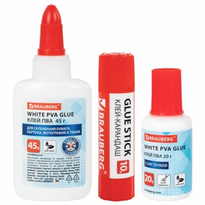 {{photo.Alt || photo.Description || 'Набор клея BRAUBERG (клей-карандаш PVP 10 г, клей ПВА 45 г, клей ПВА 20 г с кисточкой), блистер, 271978'}}