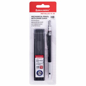 {{photo.Alt || photo.Description || 'Карандаш механический цанговый 2 мм + грифели HB 12 штук на блистере, BRAUBERG &quot;METALLIC-X 20&quot;, металлические детали, 181967'}}