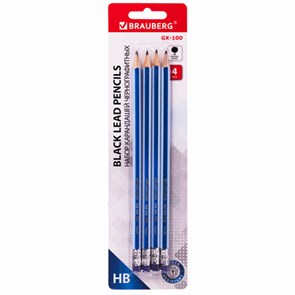 {{photo.Alt || photo.Description || 'Набор карандашей чернографитных BRAUBERG &quot;GX-100&quot; 4 шт., HB, с ластиком, корпус синий, 181721'}}