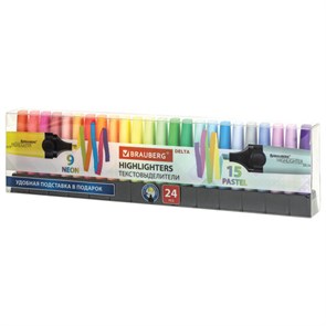 {{photo.Alt || photo.Description || 'Набор текстовыделителей 24 ЦВЕТА на подставке, BRAUBERG &quot;DELTA&quot;, 15 пастельных цветов + 9 неоновых цветов, линия 1-5 мм, 152506'}}