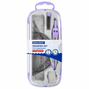 {{photo.Alt || photo.Description || 'Готовальня BRAUBERG SCHOOL KIT, 9 предметов, циркуль 125 мм, чертежные принадлежности, лаванда, 210713'}}