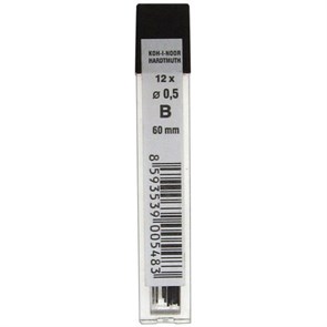 Грифели запасные 0,5 мм, B, KOH-I-NOOR, КОМПЛЕКТ 12 шт., 4152/B, 415200B005PKRU 180999