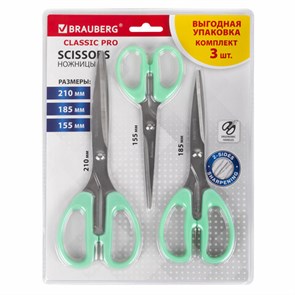 {{photo.Alt || photo.Description || 'Ножницы BRAUBERG &quot;CLASSIC PRO&quot; 3 шт. (155, 185, 210 мм), мятные ручки, ВЫГОДНАЯ УПАКОВКА, 272979'}}