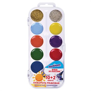 {{photo.Alt || photo.Description || 'Краски акварельные ЮНЛАНДИЯ &quot;ЮНЫЙ ВОЛШЕБНИК&quot;, медовые, 10+2 цвета (золото+серебро), круглые кюветы, пластик, 192360'}}