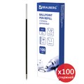 Стержень шариковый BRAUBERG 140 мм, КОМПЛЕКТ 100 штук, СИНИЙ, узел 1 мм, 880202 880202