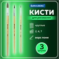 Кисти BRAUBERG, набор 3 шт. (пони, круглые № 2, 4, 7), блистер, 200220 200220