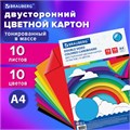 Картон цветной А4 ТОНИРОВАННЫЙ В МАССЕ, 10 листов 10 цветов, 180 г/м2, BRAUBERG, 129308 129308