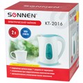 Чайник SONNEN KT-2016, 2 л, 2200 Вт, закрытый нагревательный элемент, пластик, белый/голубой, 453417 453417